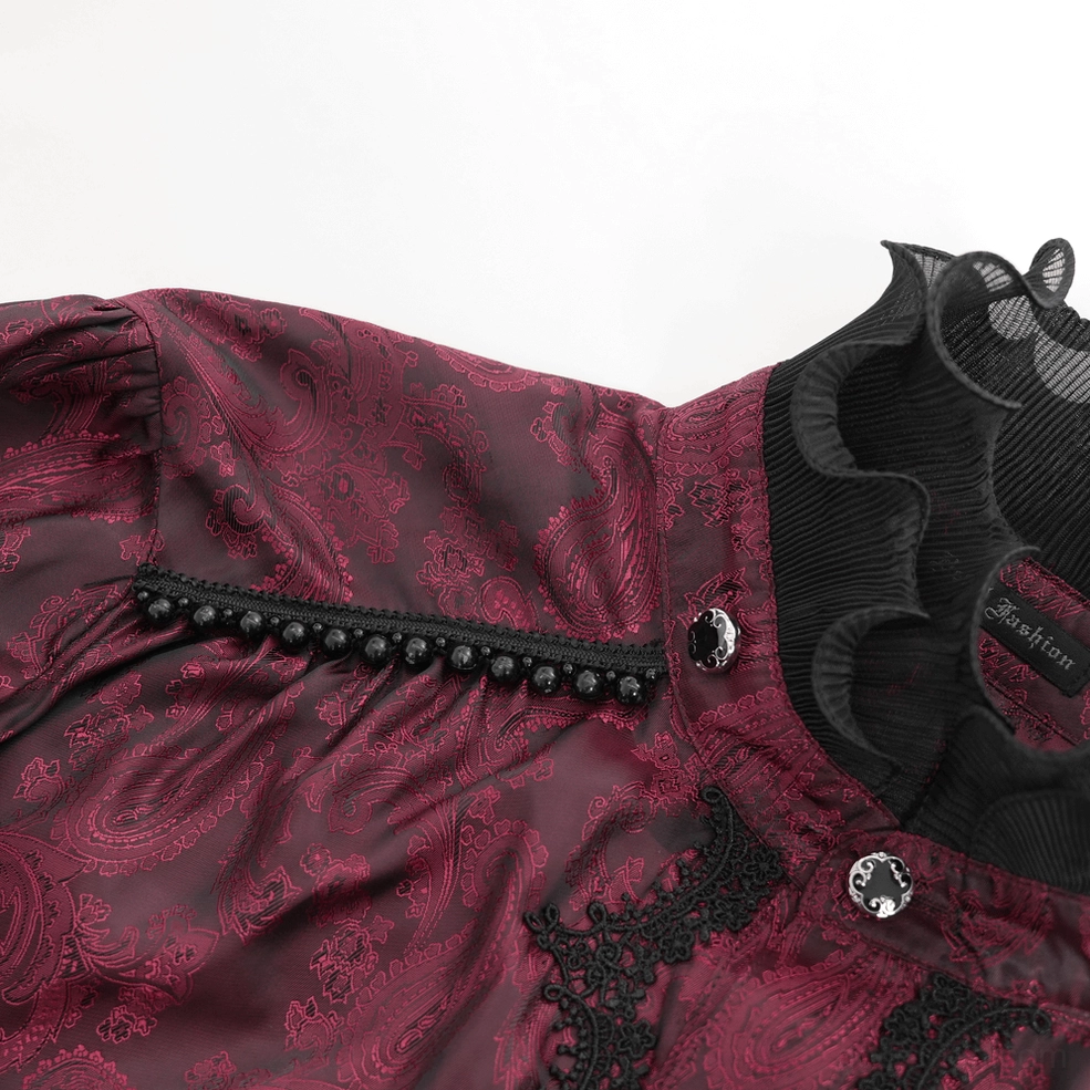 Wine red Victorian gothic shirt shoulder and collar detail showing ruffled neckline, puff sleeve construction, and lace trim