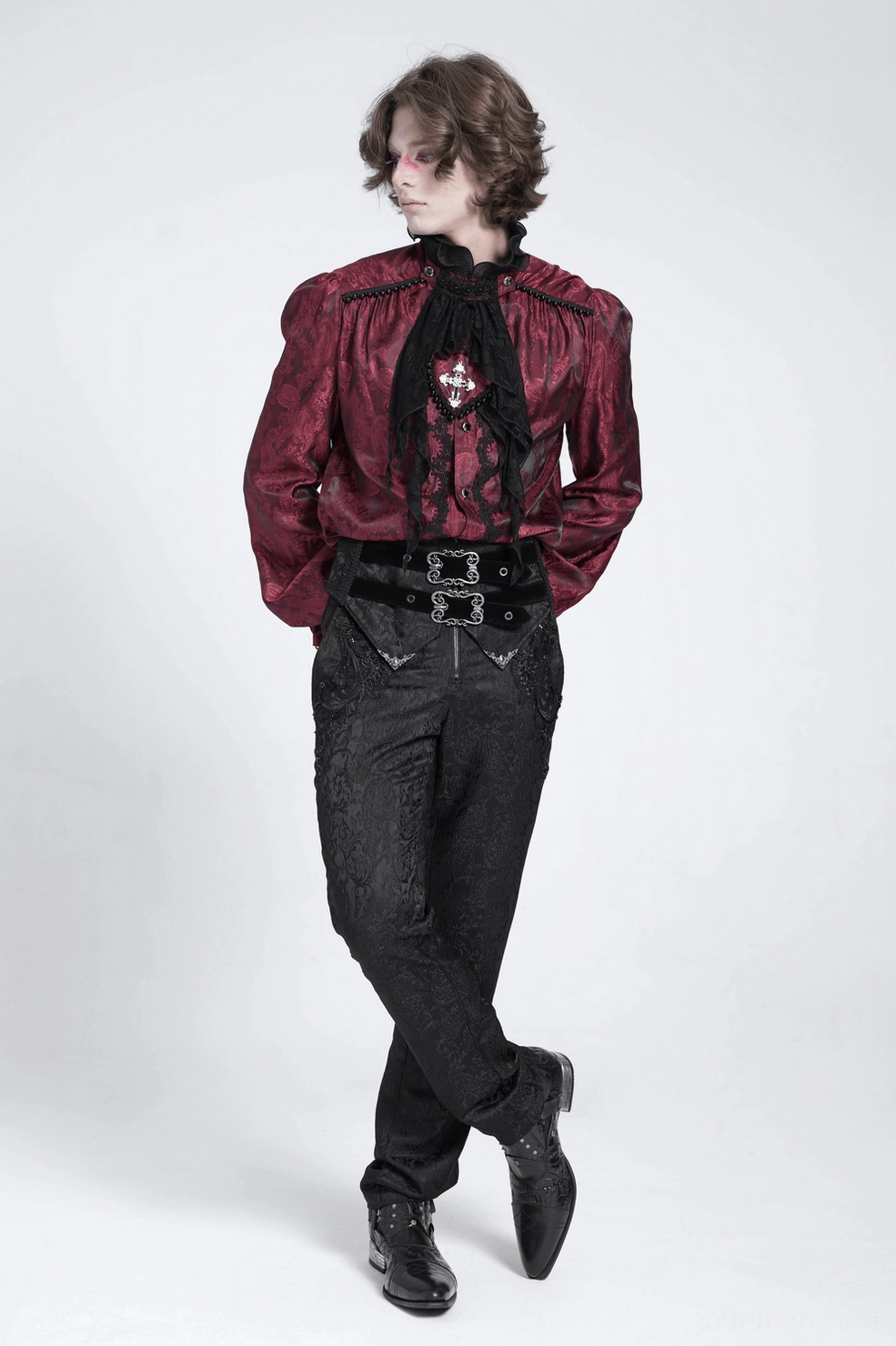Wine red Victorian gothic shirt cuff and wrist detail showing black lace trim, fabric buttons, and sleeve ending precision