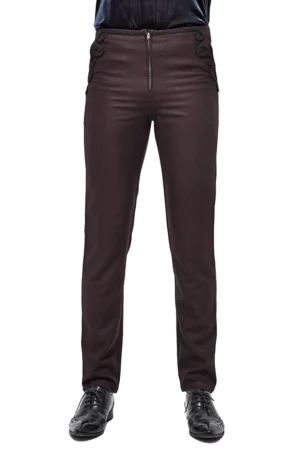 Men's wine red gothic slim-fit pants front full view displaying central zip closure and delicate lace trim on both side pockets