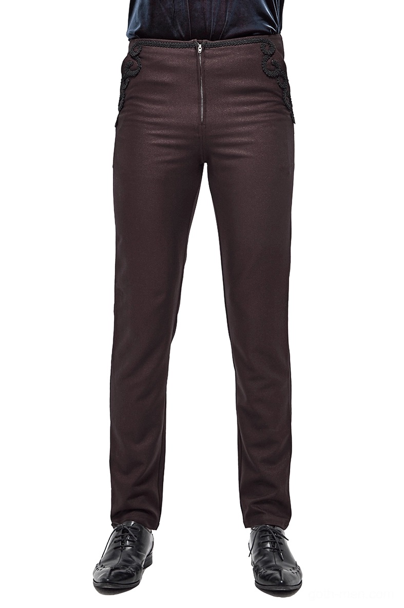 Men's wine red gothic slim-fit pants front full view displaying central zip closure and delicate lace trim on both side pockets