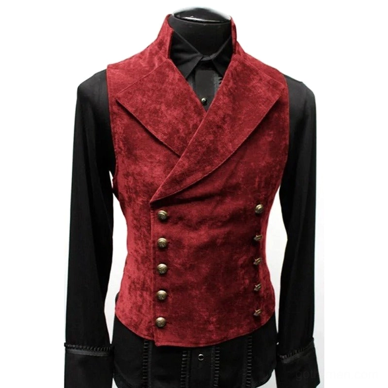 Wine red suede gothic mens waistcoat with vintage brass buttons, vampiric sophistication formal evening wear