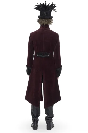Wine red gothic tailcoat back view showing split hem and decorative waist hardware