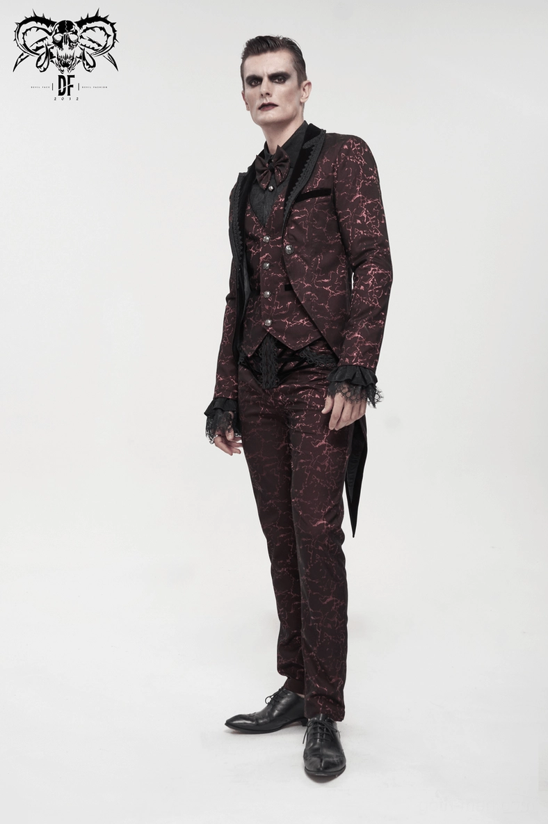 Wine red gothic tailcoat paired with formal trousers demonstrating complete ensemble styling
