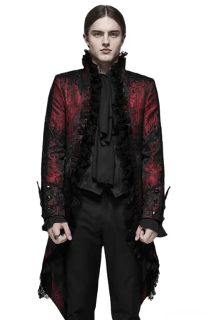 Wine red rococo gothic tailcoat front full-body view with lace ruffle collar and metal clasps