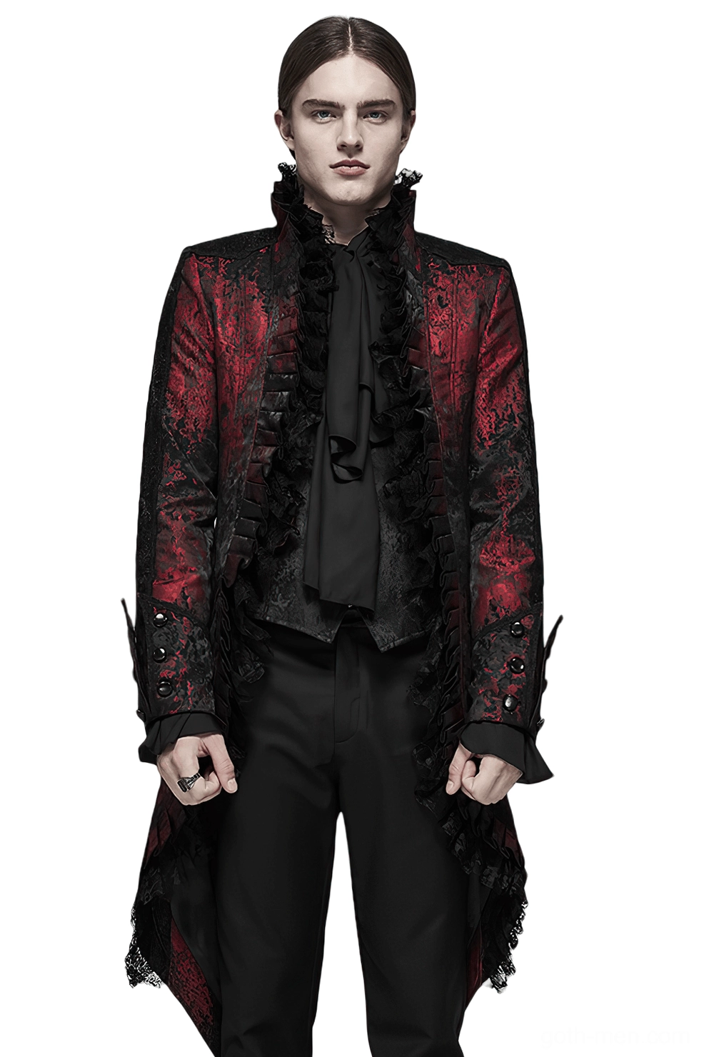 Wine red rococo gothic tailcoat front full-body view with lace ruffle collar and metal clasps