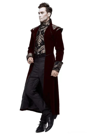 Men's wine red gothic tailcoat with gold brocade patterns on shoulders and chest - left three-quarter full-body view