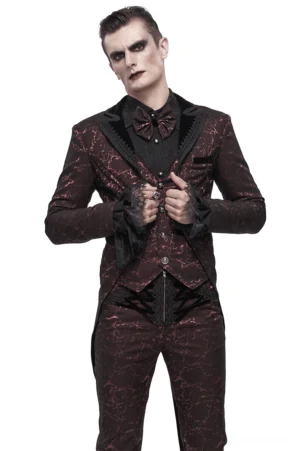 Men's wine red gothic tailcoat suit front view with lace cuffs and embossed rose button details