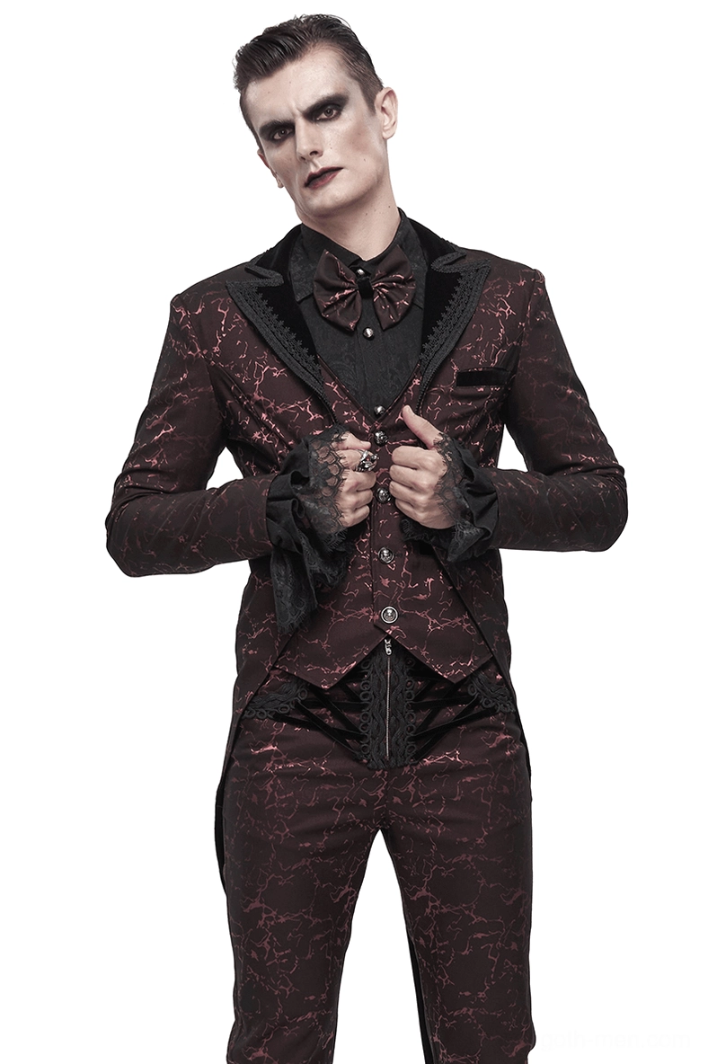 Men's wine red gothic tailcoat suit front view with lace cuffs and embossed rose button details