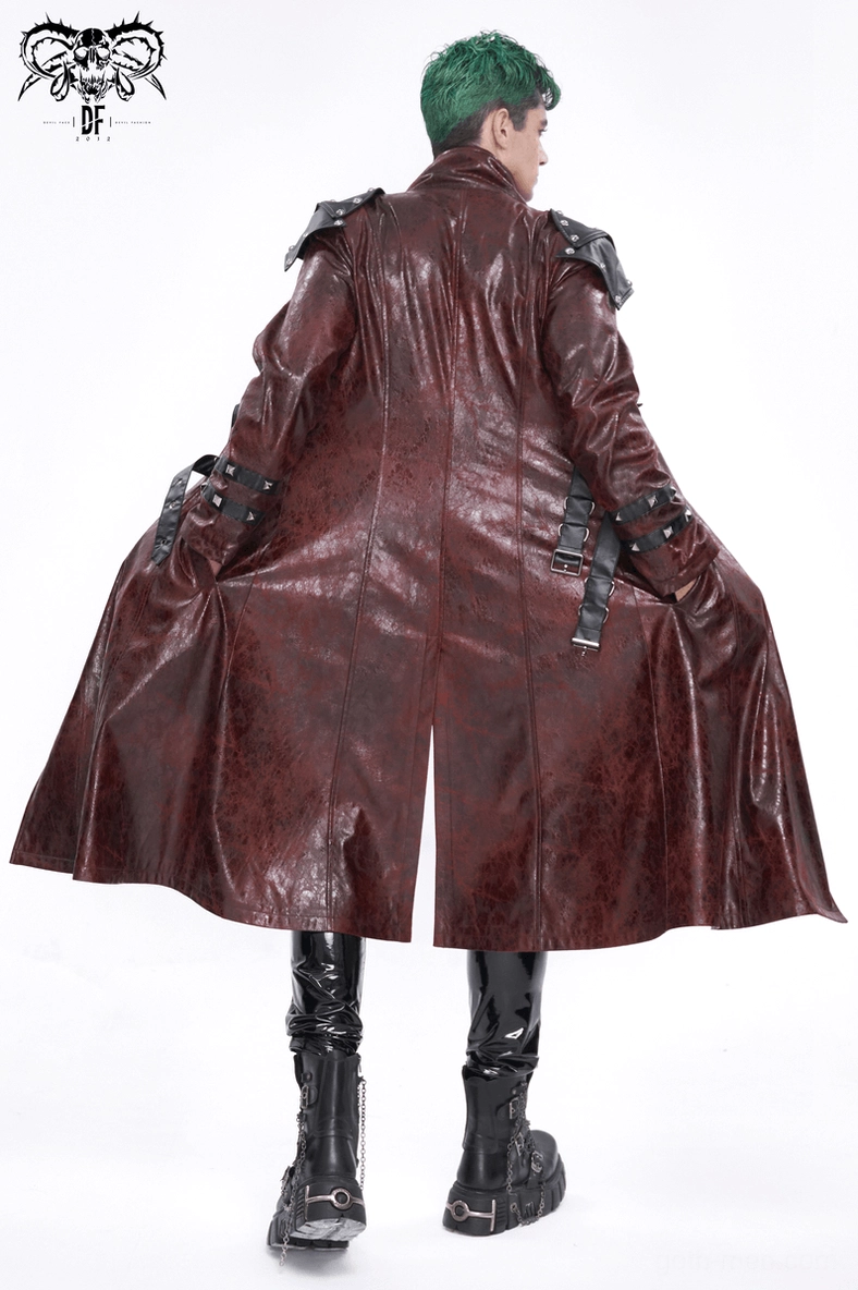 Front facing view of wine red gothic trench coat with multi-buckle fastening system