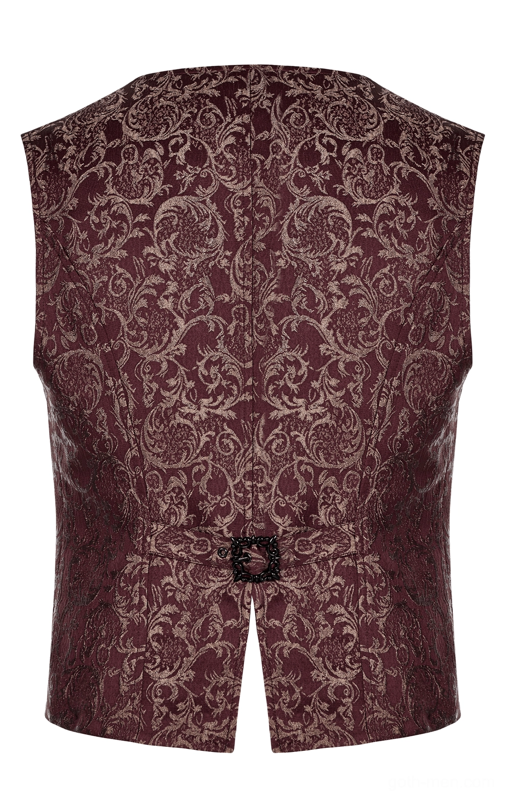 Rear flat lay of wine red damask Gothic waistcoat displaying split back hem and adjustable black metal buckle hardware