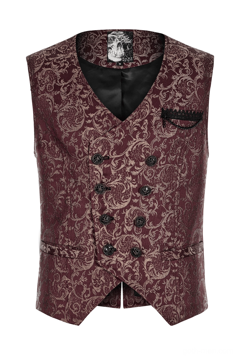 Front flat lay of wine red Gothic waistcoat highlighting V-neckline and double-breasted button design with jacquard texture