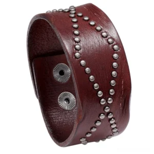 Wine red genuine leather gothic cuff bracelet with industrial rivet pattern and adjustable snap fastener