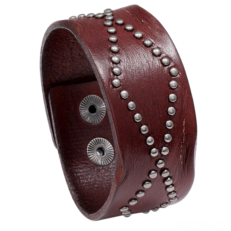 Wine red genuine leather gothic cuff bracelet with industrial rivet pattern and adjustable snap fastener