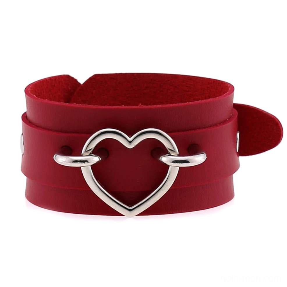 Wine red double-layer leather heart cuff bracelet with silver hollow heart buckle, gothic fashion dark aesthetic