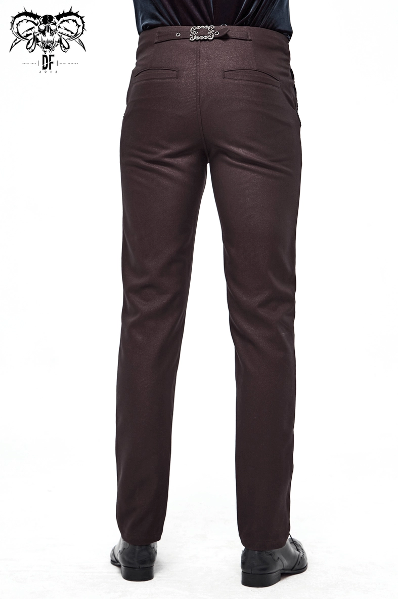 Full length view of men's wine red gothic pants highlighting the semi-fitted cut and ornamental lace pocket details