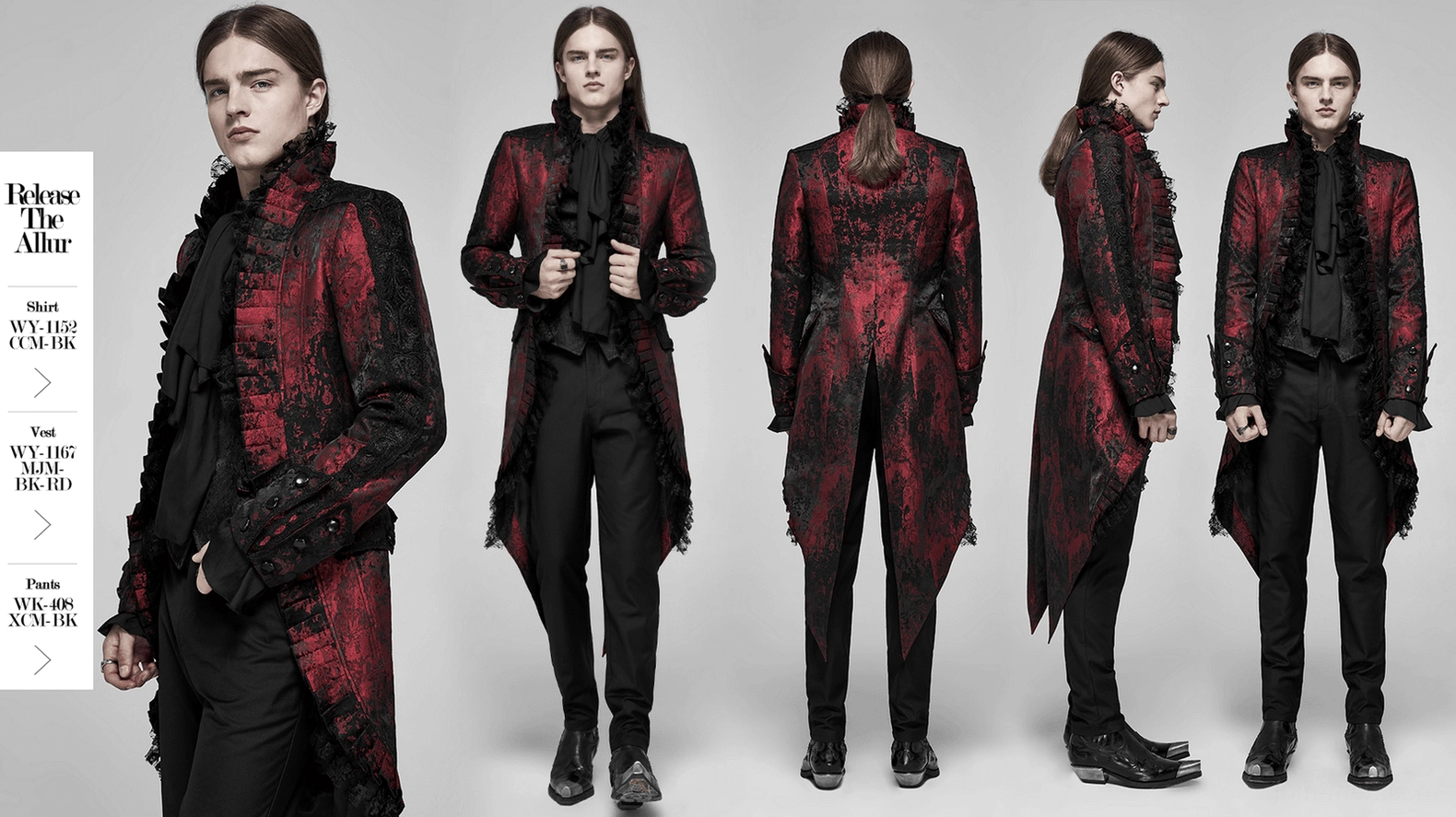 Wine red rococo gothic tailcoat full product showcase with lace collar and metal fasteners