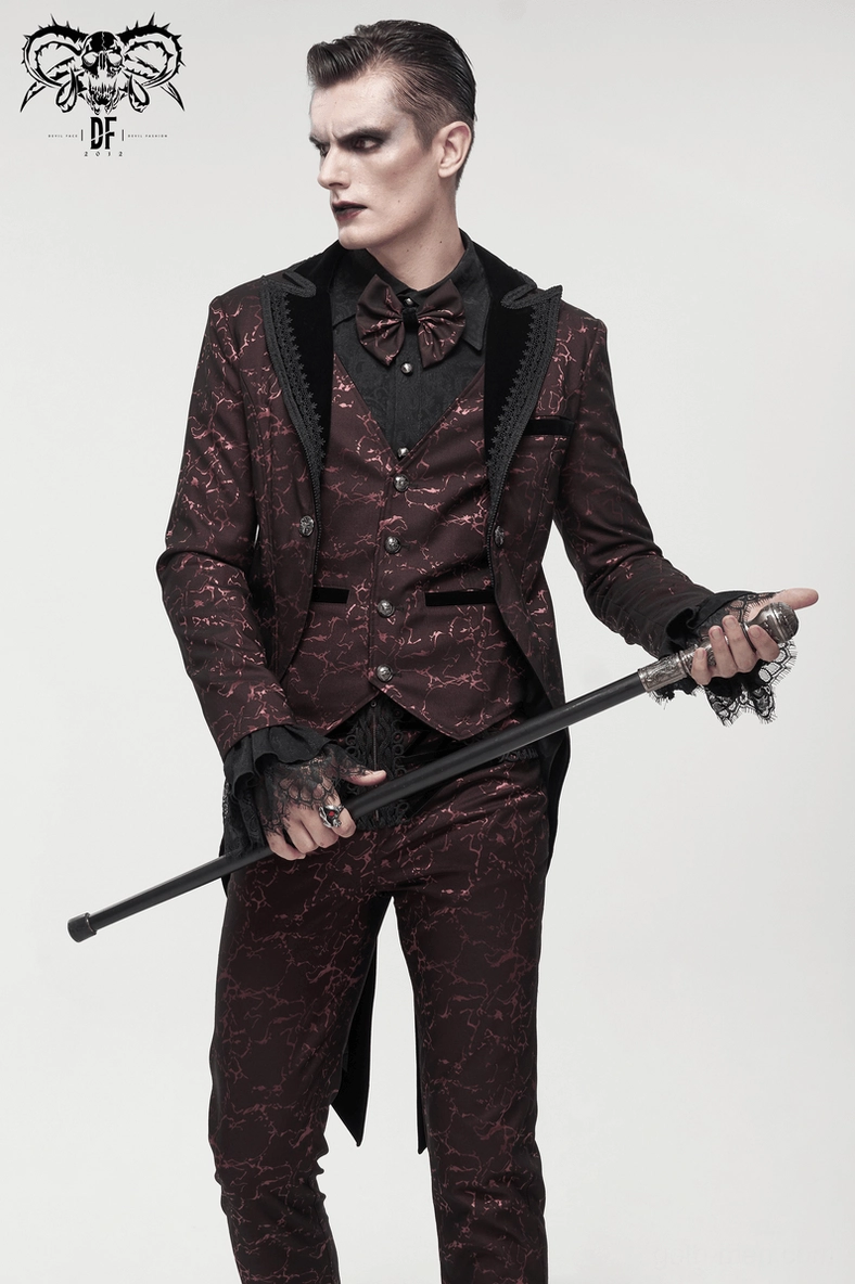 Wine red tailcoat styled with alternative fashion accessories and gothic aesthetic complete look