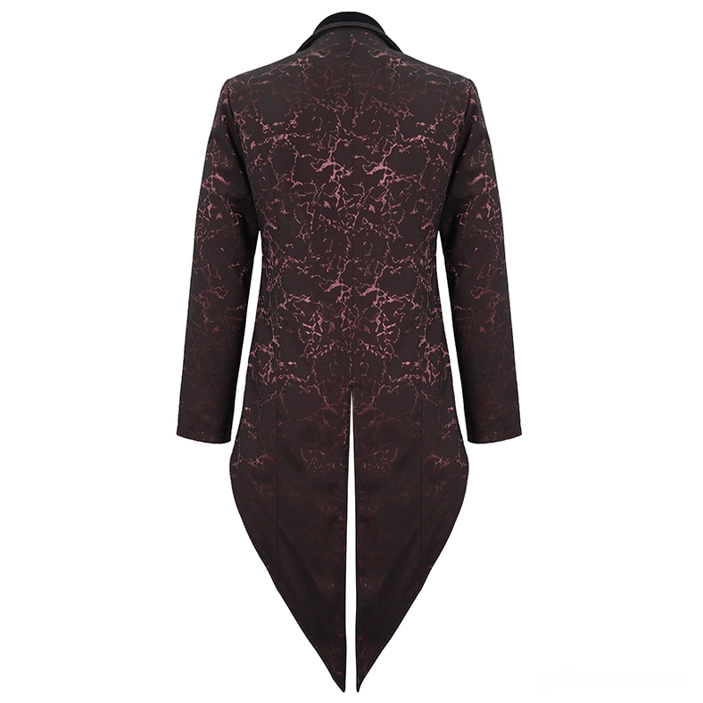 Wine red gothic tailcoat back view on mannequin displaying split tail and jacquard pattern design