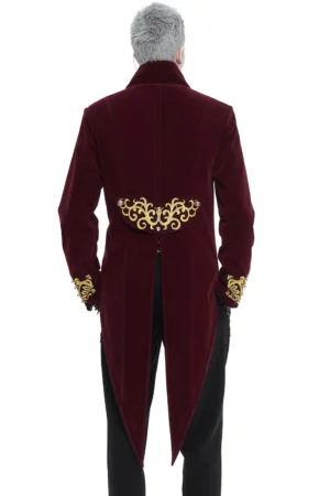 Gothic wine red tailcoat rear full length shot showing split tail design and gold waist embroidery