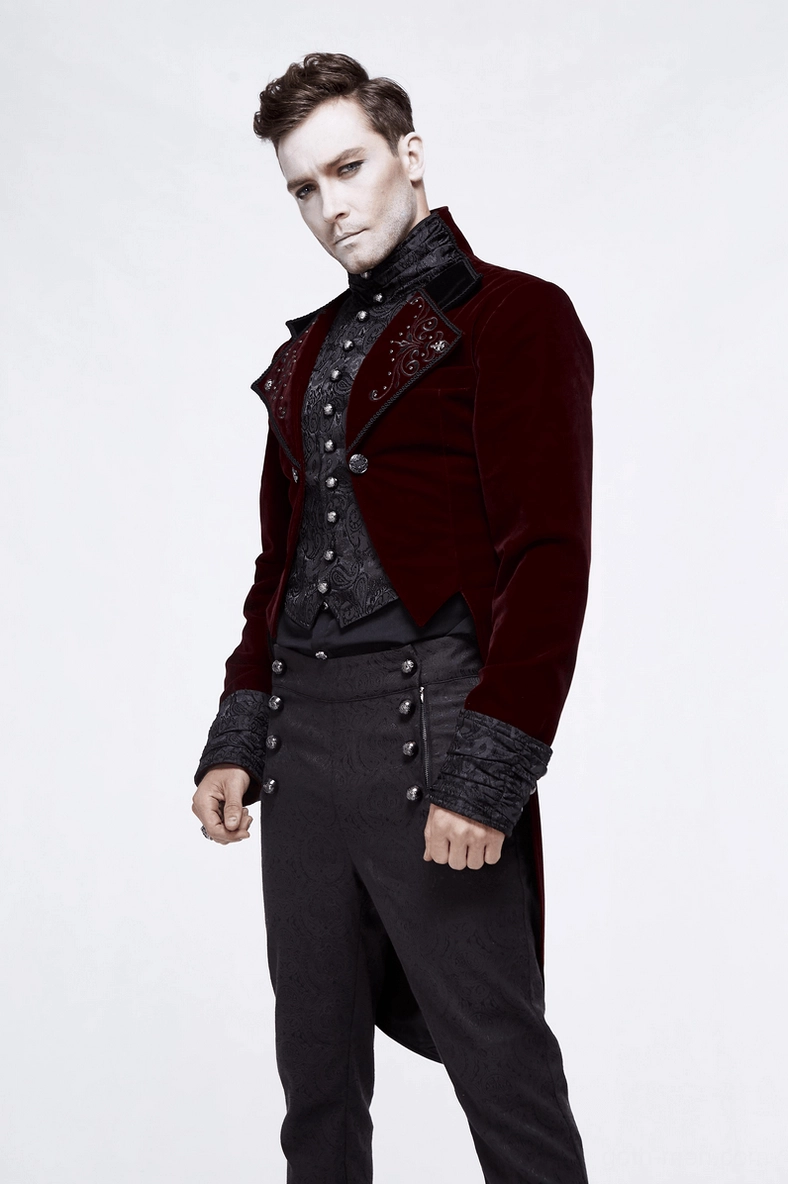 Wine red velvet gothic tailcoat detail showing button construction, collar design, and premium fabric texture