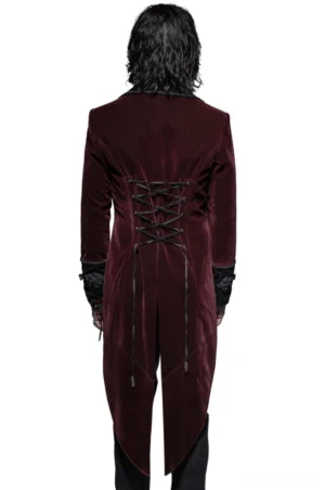 Wine red tailcoat jacket rear view showing lace-up corset back and dramatic split tail hem on white studio backdrop