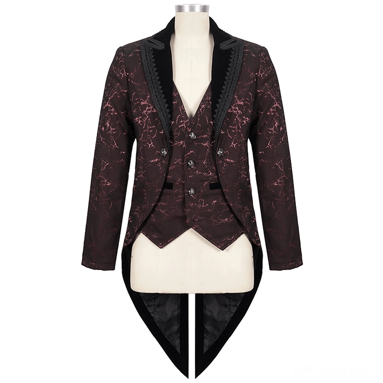 Wine red tailcoat on dress form displaying decorative buttons and velvet lapel trim frontal view