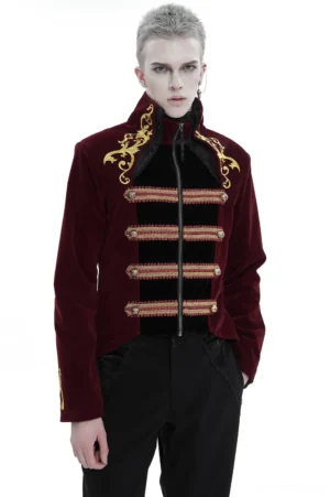Wine red gothic tailcoat with gold embroidery front upper body view on male model with silver hair