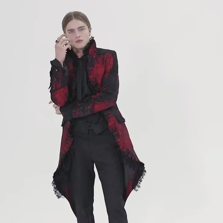 Three-quarter side view of wine red gothic rococo coat with lace trim and ruffled neck detail