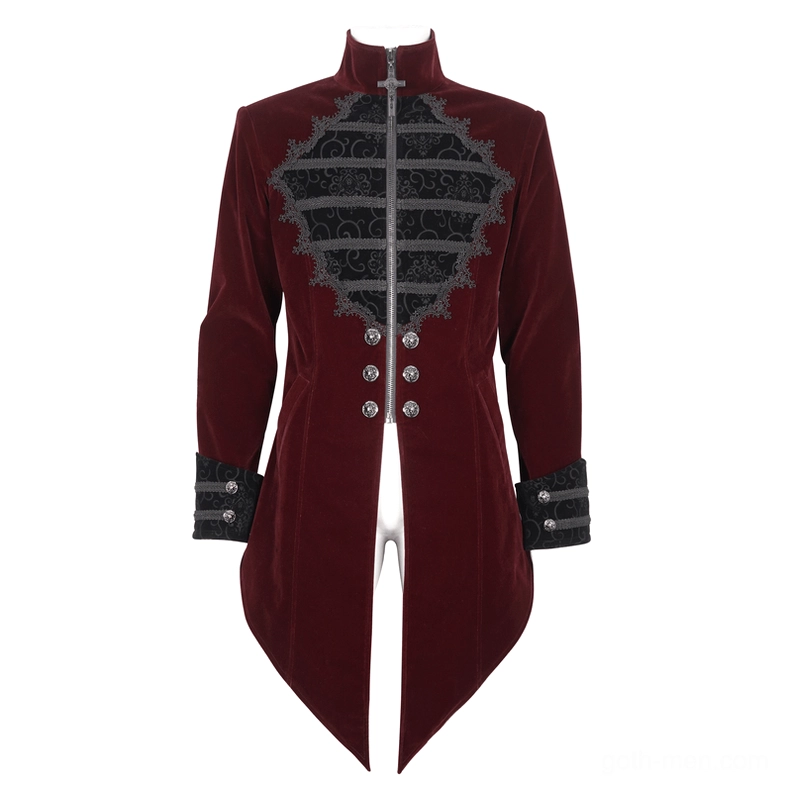 Wine red velvet gothic tail coat flat lay front view with stand collar, metal buttons, and black lace chest embroidery