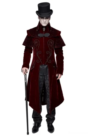 Male model wearing wine red velvet gothic long coat with cross zipper, styled with top hat and walking cane for dramatic gothic presentation