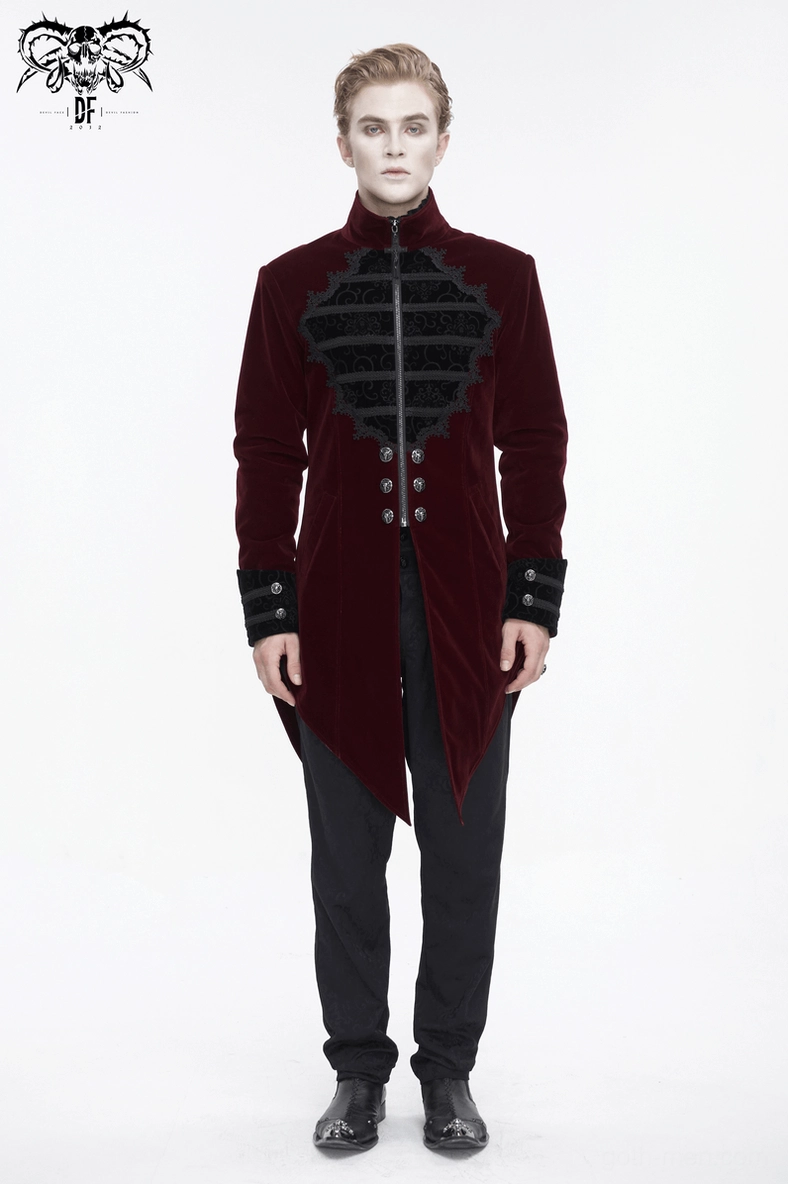 Wine red velvet gothic cross-tail coat front view on male model with detailed lace embroidery and metal zipper