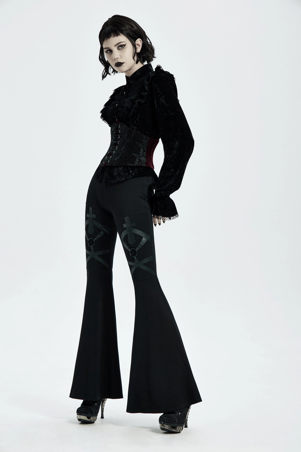 Full product shot of wine red velvet gothic corset belt showing complete front lacing and construction