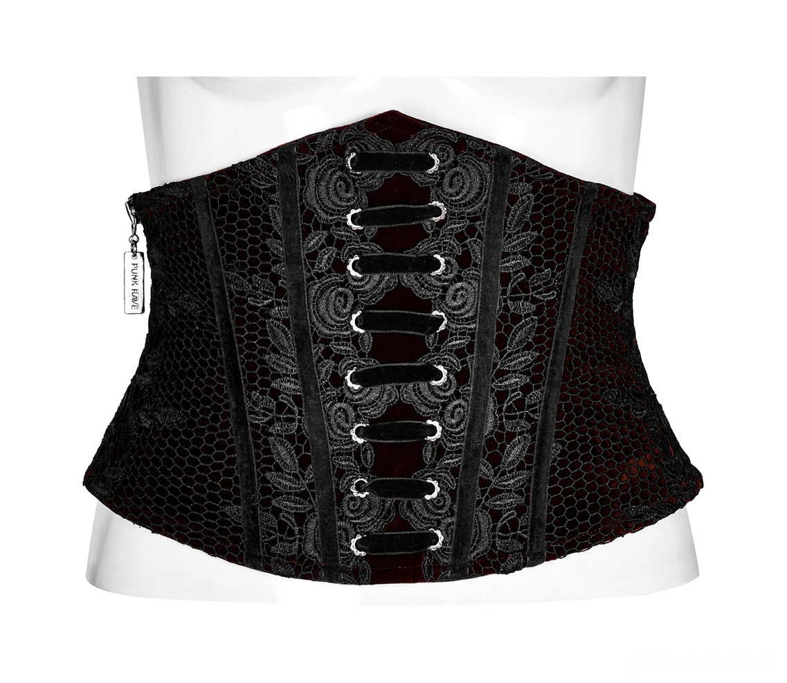 Front flat view of burgundy velvet gothic corset displaying black floral lace panel and metal lacing eyelets