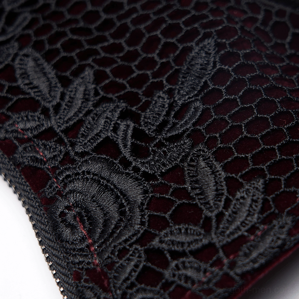 Wine red velvet gothic underbust corset belt with black lace paneling and metal eyelet hardware system