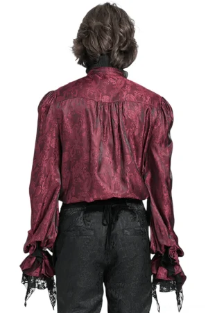 Wine red gothic shirt back view showing gathered yoke, ruffled high collar, and dramatic puff sleeves on male model