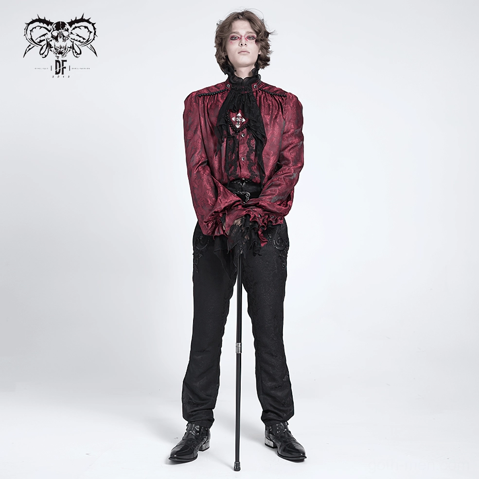 Wine red Victorian gothic shirt worn on model showing complete ensemble with dark styling and gothic aesthetic interpretation