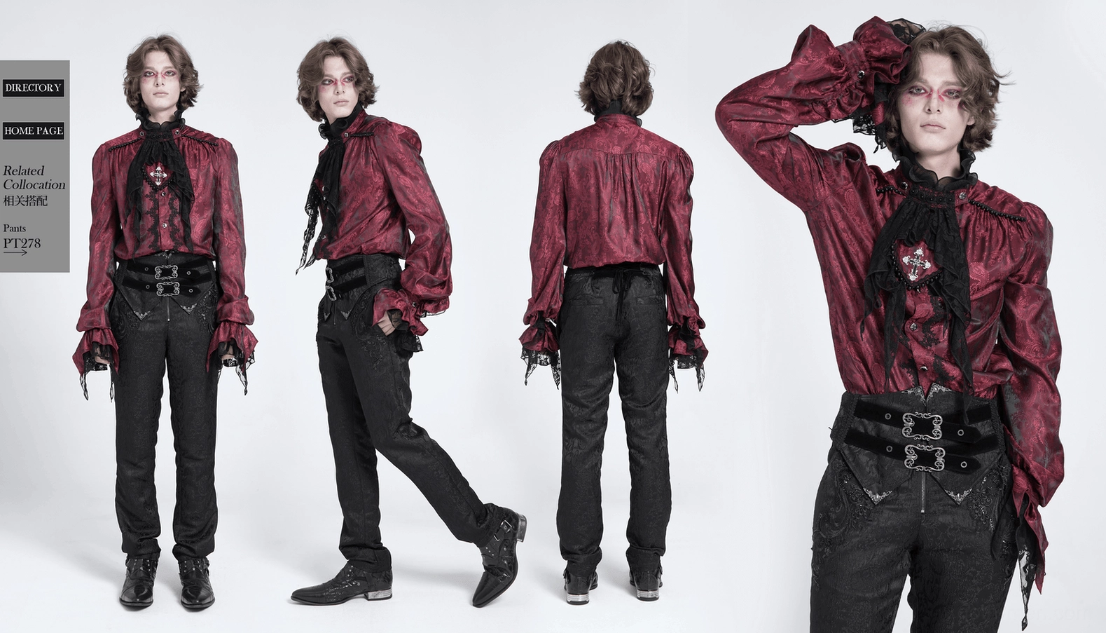 Wine red Victorian gothic shirt full garment flatlay on neutral background showing complete silhouette and all decorative elements