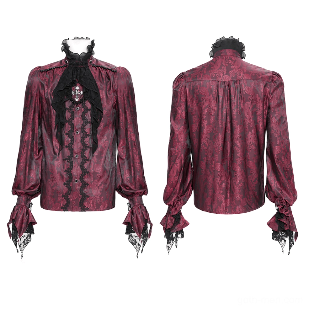 Flat lay front and rear of wine red Victorian gothic shirt displaying black lace jabot, ruffled cuffs, and removable cross brooch