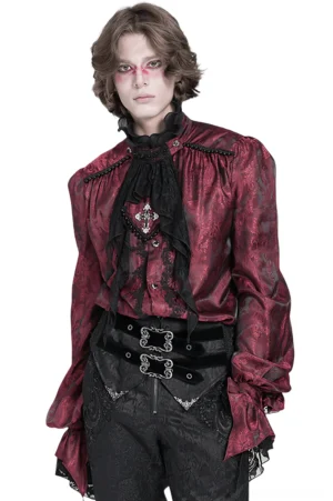 Wine red Victorian gothic shirt front three-quarter view with ruffled lace collar, puff sleeves, and paisley jacquard fabric on male model