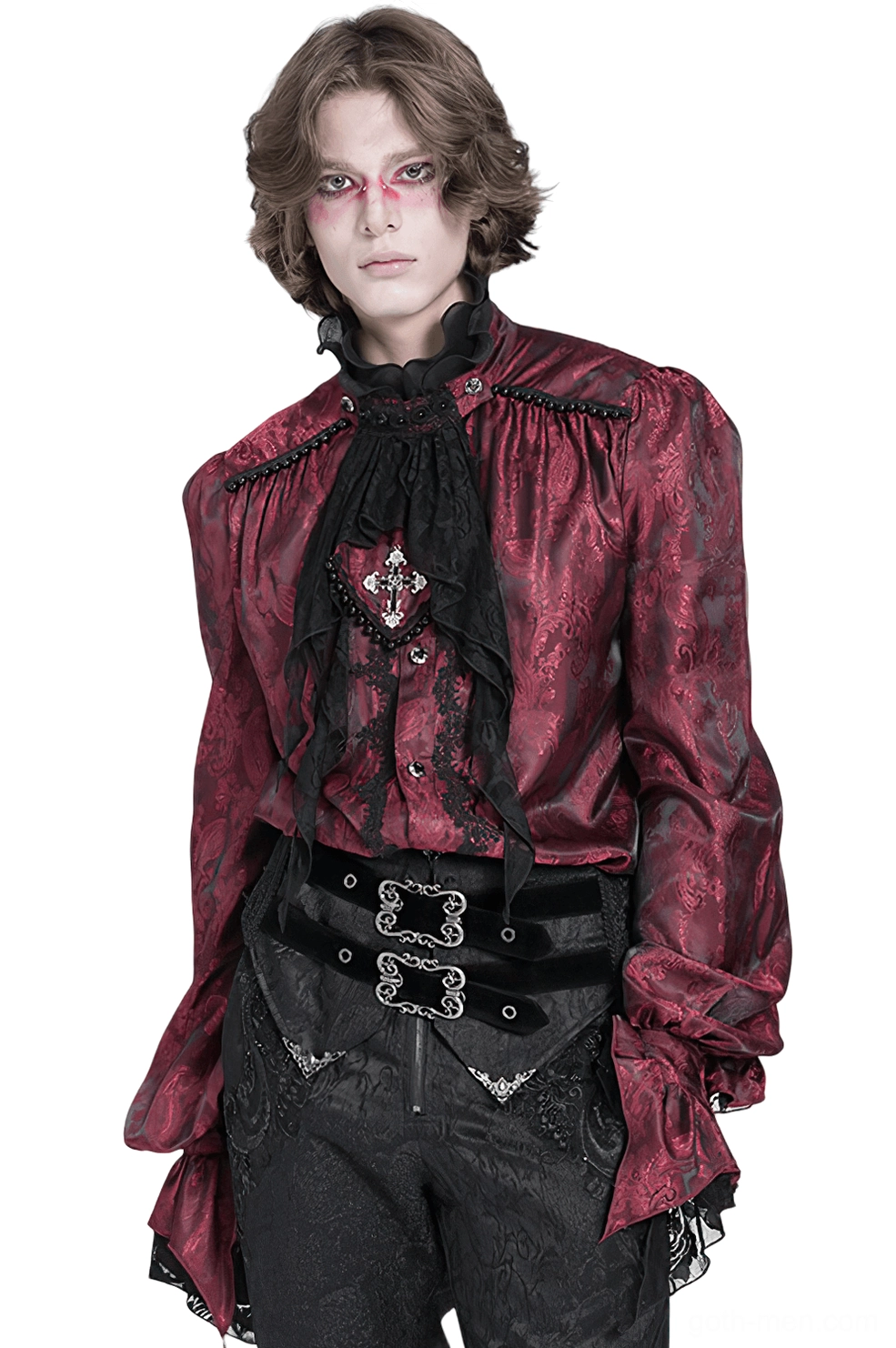 Wine red Victorian gothic shirt front three-quarter view with ruffled lace collar, puff sleeves, and paisley jacquard fabric on male model