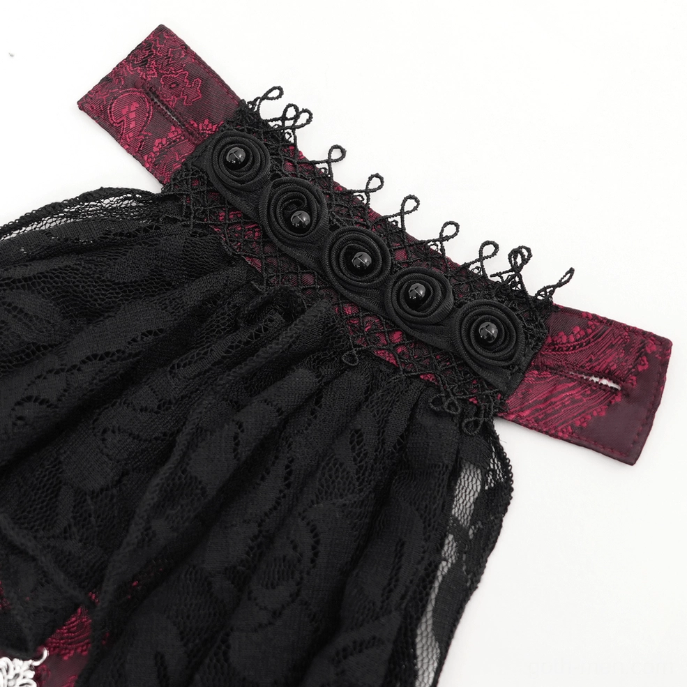 Full length flatlay of wine red Victorian gothic shirt displaying complete silhouette, paisley jacquard weave, and architectural proportions