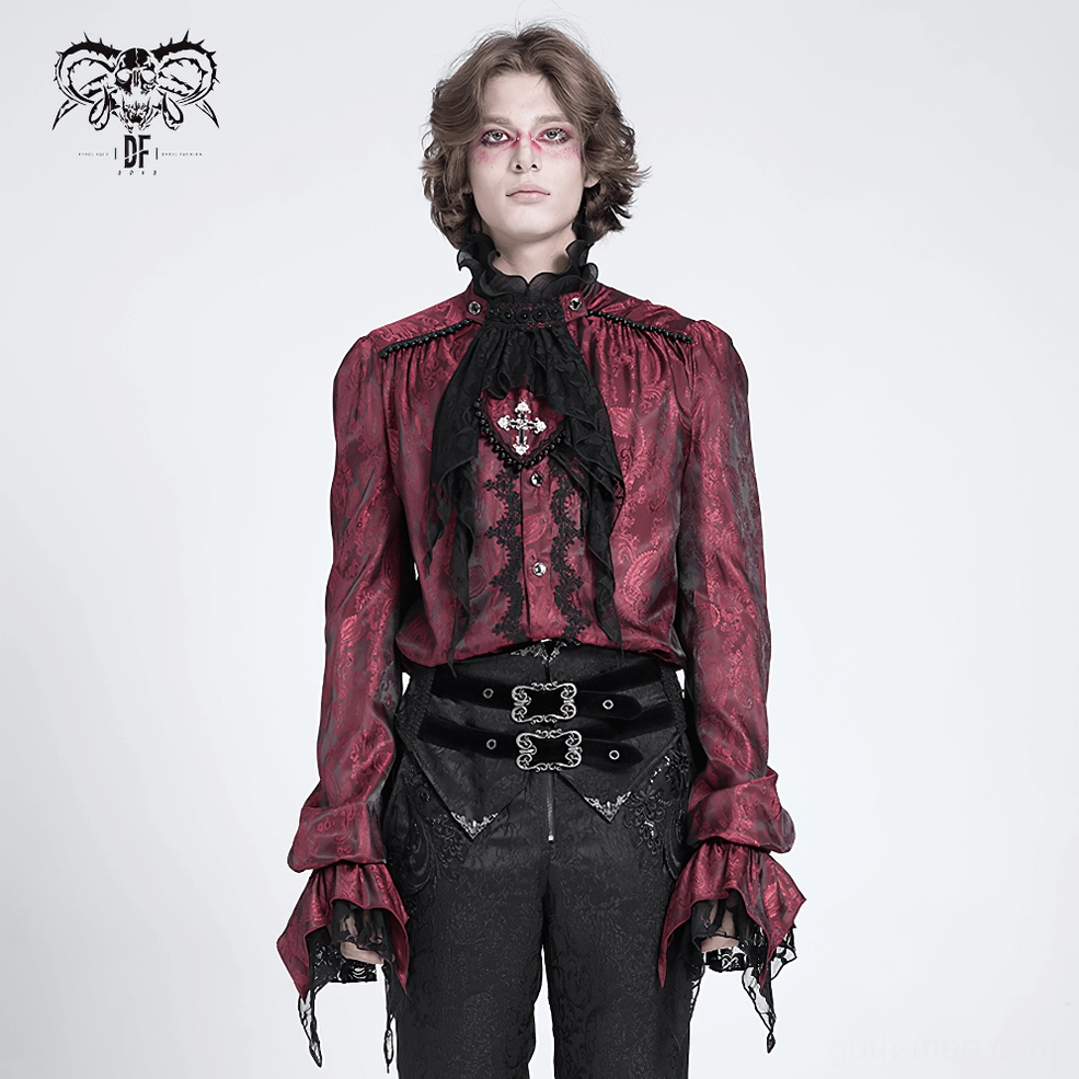 Wine red Victorian gothic shirt worn on male model in three-quarter pose showcasing dramatic silhouette and romantic aesthetic