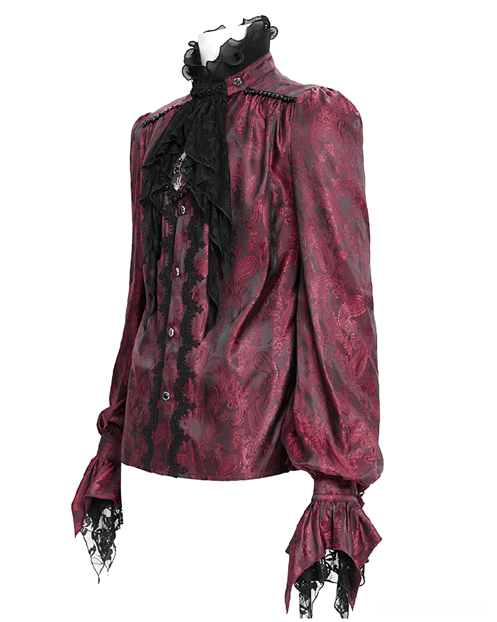 Side view flatlay of wine red Victorian gothic shirt showing button front closure, voluminous puff sleeves, and tailored construction