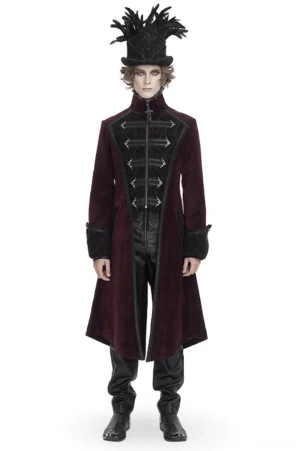 Wine red gothic Victorian tailcoat with high stand collar and chain detailing front view on male model