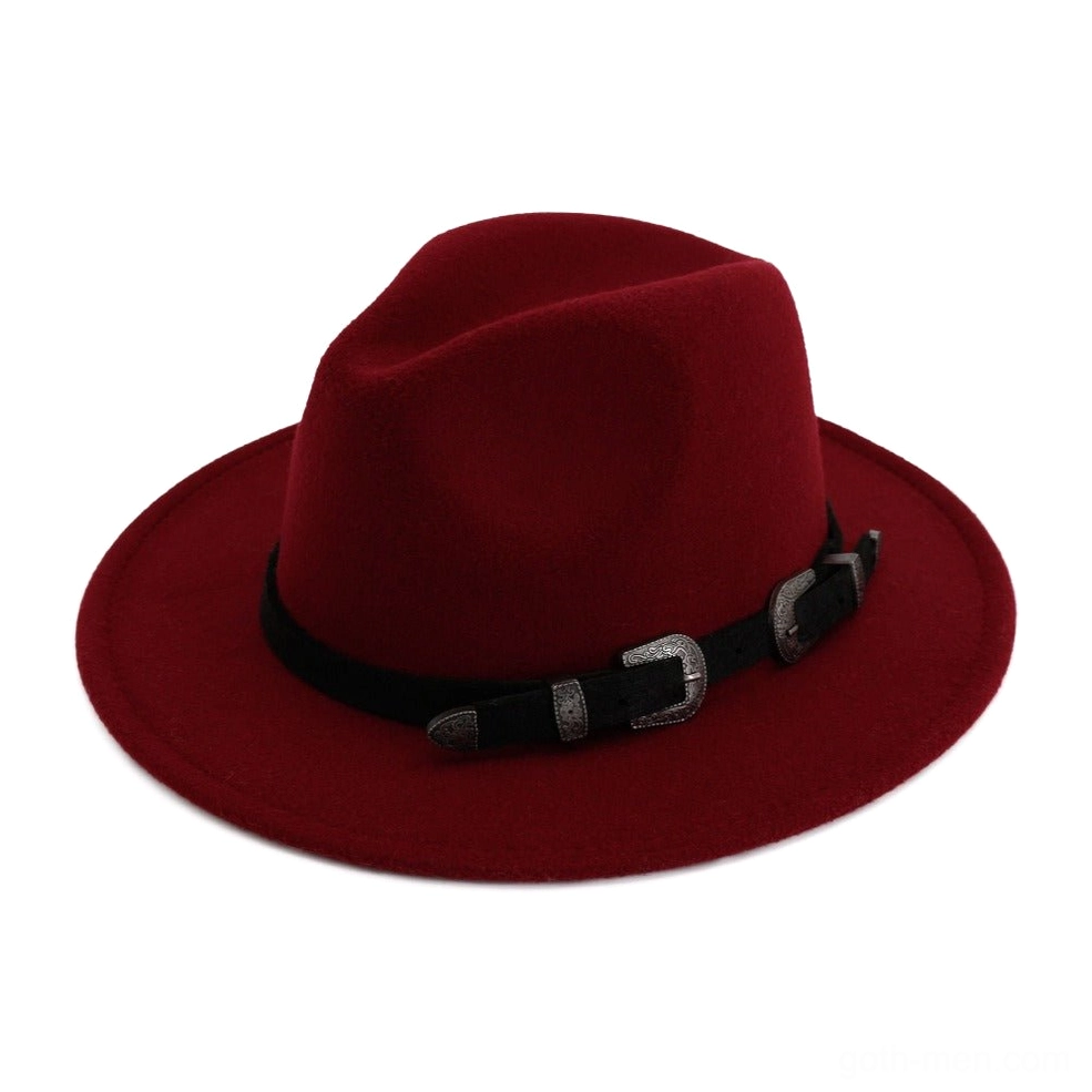 Wine red vintage trilby fedora featuring dual metal buckles on hat band, romantic gothic style