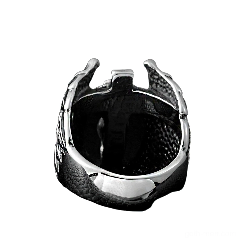 Two-tone winged angel gothic ring with detailed feather texture, side angle