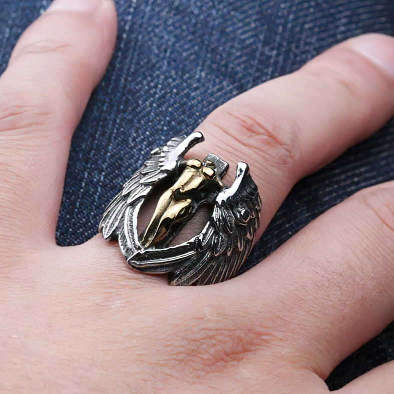 Polished inner band of winged angel gothic ring, internal detail view