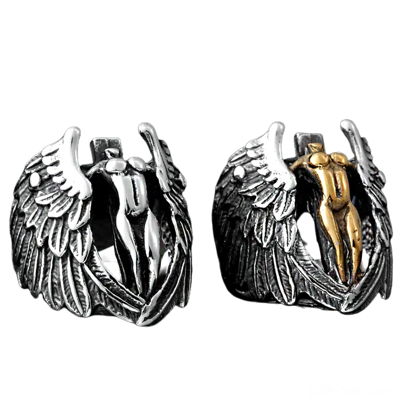 Winged angel gothic ring silver side view showing compact silhouette