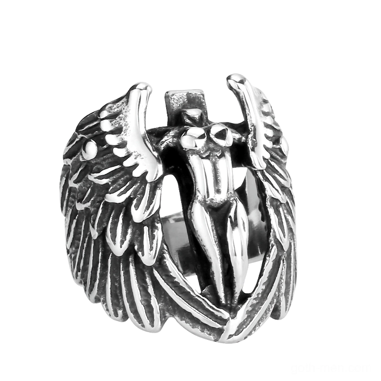 Silver winged angel gothic ring with hollowed angel design, detailed front view