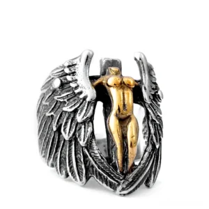 Two-tone winged angel gothic ring with silver feather wings and gilded human figure, front view